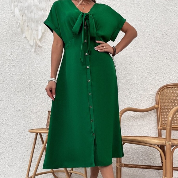 Boho Tie Front Button up Kimono Sleeve Dress - Picture 2 of 4